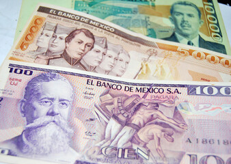 Old mexican peso bills close up