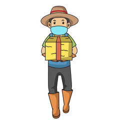 man carrying straw,active in farm using mask.character illustration.