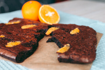 Freshly baked aromatic chocolate brownie with orange