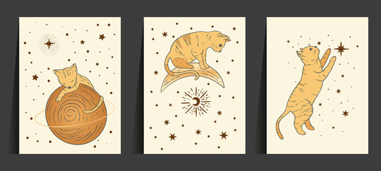 Fantasy cat celestial astrology nursery art. Boho esoteric card set. Golden art moon and star magic vector collection.