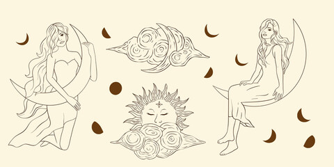 Astrology woman celestial sacred boho lady line art. Esoteric linear cloud moon and star vector.