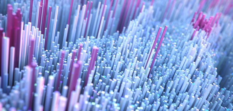 Abstract landscape background. Scatter topographic landscape based on colorful cubes. 3d render of abstract background based on  blue and pink rectangles. Abstract futuristic technology background.