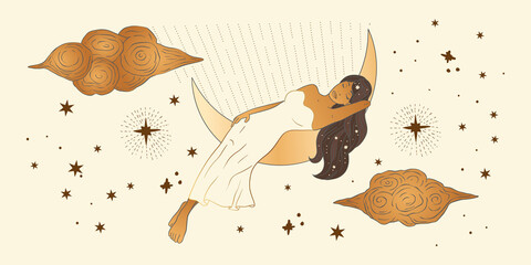 Celestial Dreaming Woman. African American lady sacred beauty. Astrology boho esoteric moon and sky girl golden art.