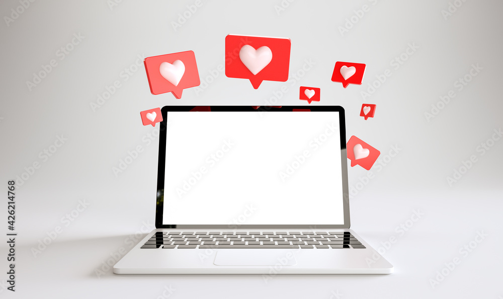 Wall mural laptop mockup with many like notifications at white background. social media concept. 3d rendering