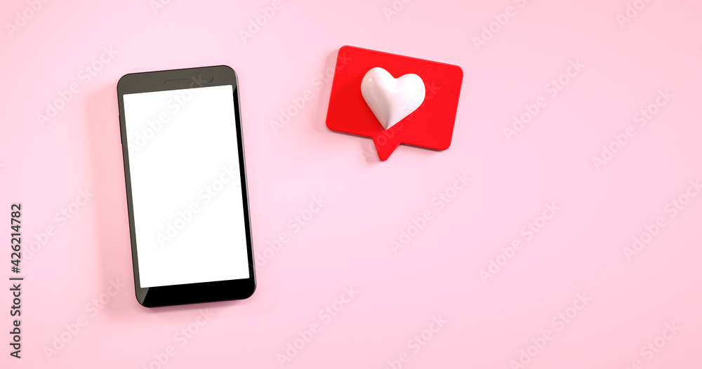 Wall mural mobile phone mockup with a like notification at pink background. 3d rendering