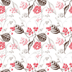 Seamless pattern with berries, leaves and flowers in vintage style for wallpaper, linens, clothes, design, greeting cards. Chinese style