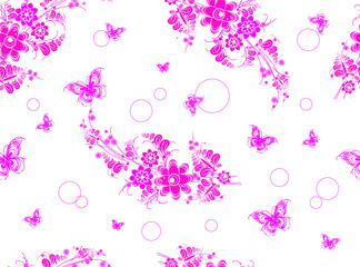 Obraz na płótnie Canvas Ornament from stylized delicate pink flowers and butterflies seamless pattern. Vector geometric drawing for design of textile, fabrics, wallpaper, packaging, decoupage, web sites and other. 