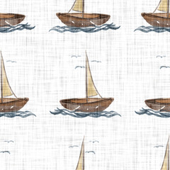 Watercolor seaboat washed out linen texture background. Summer coastal living style home decor fabric effect. Rustic light white grunge textile. Seamless repeat pattern for shabby chic beach wedding