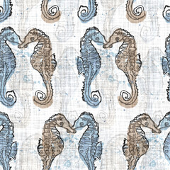 Fototapeta premium Watercolor seahorse pair washed out linen texture background. Summer coastal living style home decor fabric effect. Rustic light white grunge textile. Seamless repeat pattern for shabby chic wedding 