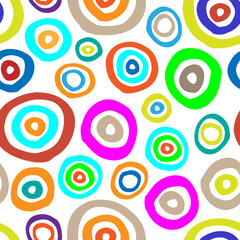 Beautiful bright colorful multicolored circles isolated on white background. Cute festive seamless pattern. Vector simple flat graphic hand drawn illustration. Texture.