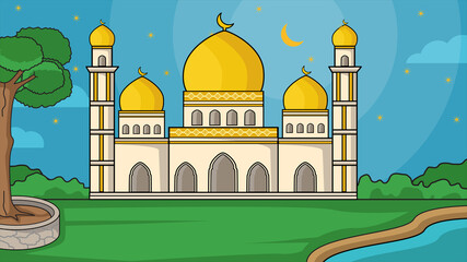 Background mosque courtyard,with ponds and trees, golden colored mosque and starry ramadan night.Background muslim illustration.