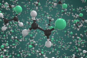 Vinyl fluoride molecule made with balls, conceptual molecular model. Chemical 3d rendering