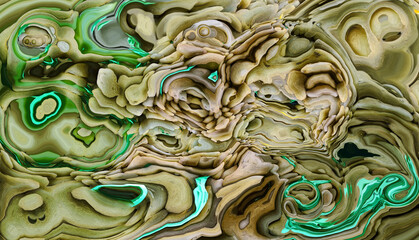 Abstract brown and green fluid texture. Swirling paint effect background. Color gradient. Design backdrop. Inscapes. Modern interior poster. Liquid ink template. Acrylic resin. Pattern of waves.