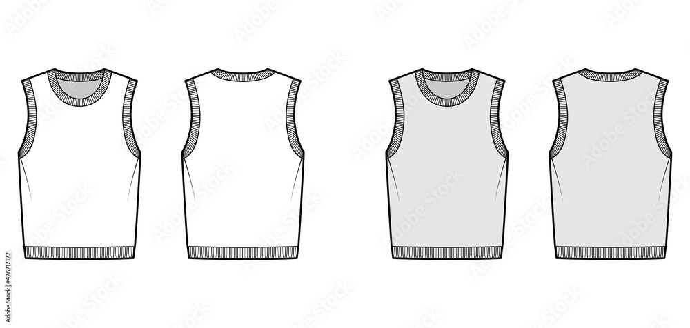 Wall mural Pullover vest sweater waistcoat technical fashion illustration with sleeveless, rib knit round neckline, oversized body. Flat template front, back, white, grey color style. Women, men top CAD mockup - Wall murals