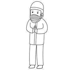 Muslim man are greeting forgiveness with another muslim, using mask and healthy protocol. Character illustration.