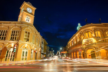 Fototapeta na wymiar Beautiful building of Sino Portuguese architecture in Phuket Old Town at twilight, Thailand.