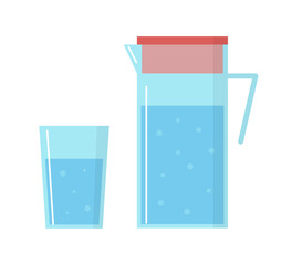 Glass of drinking water and the glass jug on white background. Vector blue liquid in flat style