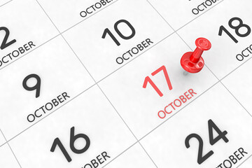 3d rendering of important days concept. October 17th. Day 17 of month. Red date written and pinned on a calendar. Autumn month, day of the year. Remind you an important event or possibility.