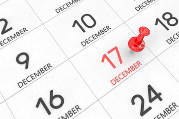 3d rendering of important days concept. December 17th. Day 17 of month. Red date written and pinned on a calendar. Winter month, day of the year. Remind you an important event or possibility.