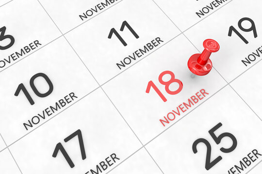 3d rendering of important days concept. November 15th. Day 15 of month. Red date written and pinned on a calendar. Autumn month, day of the year. Remind you an important event or possibility.
