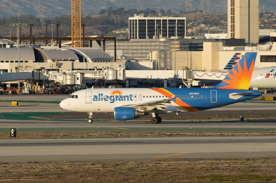 Los Angeles International Airport, California, USA - December 31, 2020: this image shows an Allegiant Aibus taxiing at LAX soon after landing.