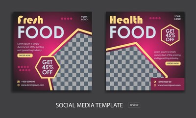 Set of Editable square social media banner template. for promotion health food and fresh food ,  Black and red background color with stripe line shape.  