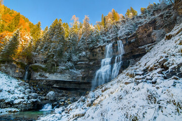 Beautiful Waterfall Vallesinella in Madonna di Campiglio in the autumn time, National Park Adamello-Brenta,Trentino,Italy Dolomites