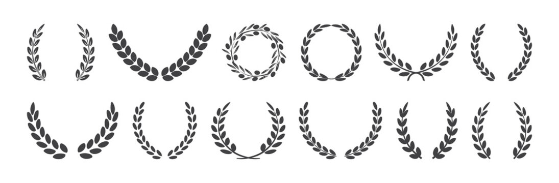 Laurel wreath and olive crown, award symbols, branch and leaves, winner emblem, black heraldry roman icons, victory crest set isolated on white background. Vintage illustration