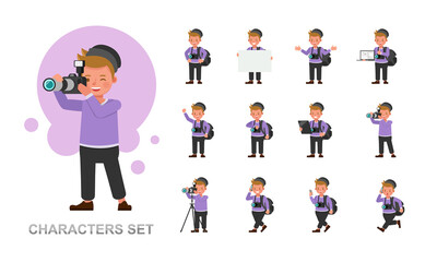 Set of Photographer kid boy character vector design. Presentation in various action with emotions, running, standing and walking.