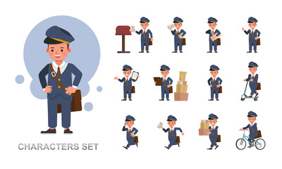 Set of Postman kid boy character vector design. Presentation in various action with emotions, running, standing and walking.