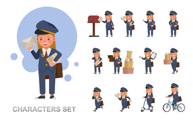 Set of Postwoman kid girl character vector design. Presentation in various action with emotions, running, standing and walking.
