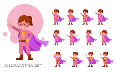 Set of Superhero kid girl character vector design. Presentation in various action with emotions, running, standing and walking.