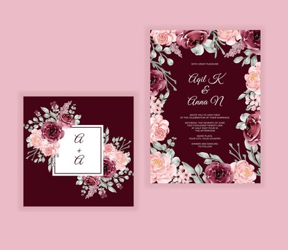 Wedding invitation card with beautiful blooming floral burgundy
