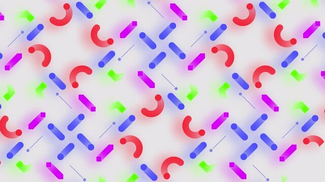 4K Seamless loop with multicolored simple moving geometric shapes on the neon background. Seamless loop