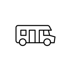 Bus, camp, camper icon, campsite car symbol in flat black line style, isolated on white background