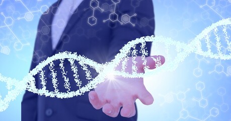 Dna structure and chemical structures over mid section of business man with cupped hand