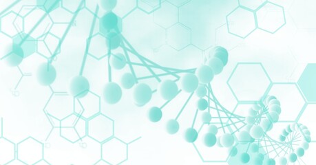 Digitally generated image of dna structure and chemical structures against green background