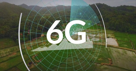 Composition of the word 6g over multiple circles and a field in background