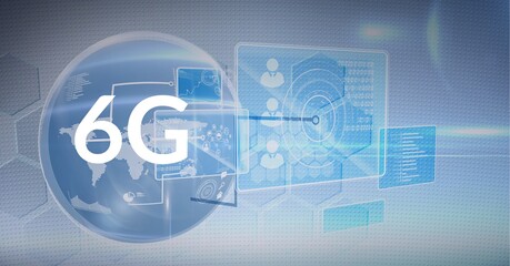 Composition of the word 6g over a globe with statistics and data in background