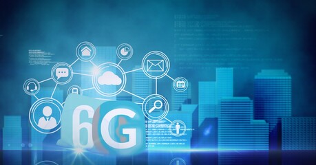 Composition of the word 6g over a net of connections with technological icons in background