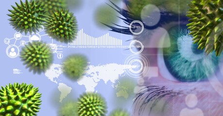 Covid-19 cells and digital interface with data processing against close up of human eye