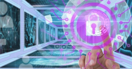 Fingerprint scanning over security padlock icon against screens with medical data processing