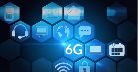 Composition of the word 6g with technological icons in blue hexagons