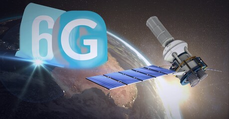Composition of the word 6g over a globe with a floating satelite in background