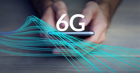 Composition of the word 6g over blue lines and a person holding a smartphone in background