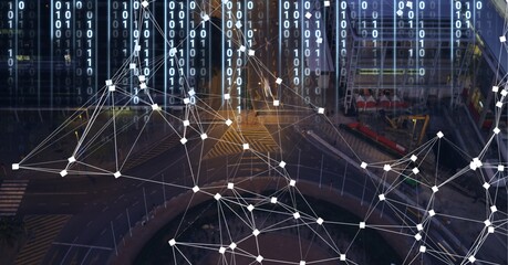 Composition of net of connections with digital interface over a roundabout in background