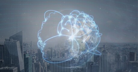 Composition of a globe with net of connections over a cityscape in background