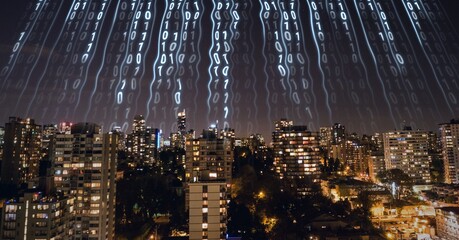 Composition of digital interface over a cityscape in background