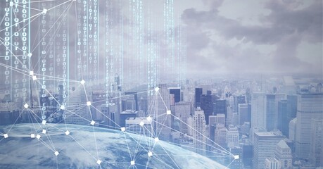 Composition of a globe with net of connections and digital interface over cityscape in background