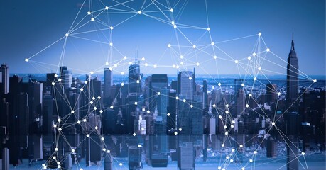 Composition of net of connections over a cityscape in background